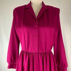Vintage 80s Shirt Dress 8 Pink Elastic Waist Button Top Shoulder Pads Pockets